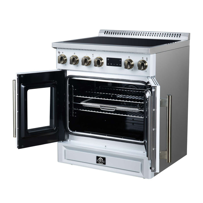 Torino French Door 30 Inch Induction Range with Air Fryer, Air Sous Vide & True Convection, Dual Broiler, White