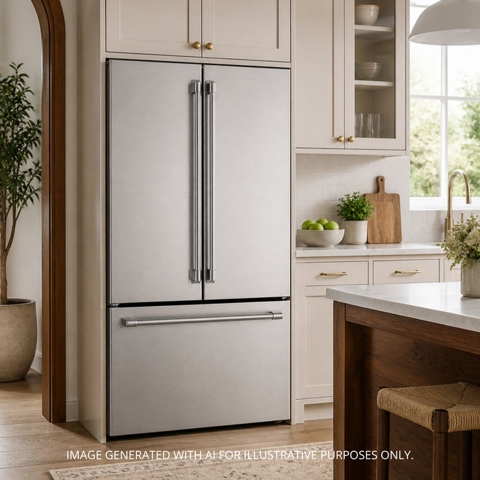 Kucht KR365FD-SS built-in refrigerator interior with glass shelves and bottom freezer drawer