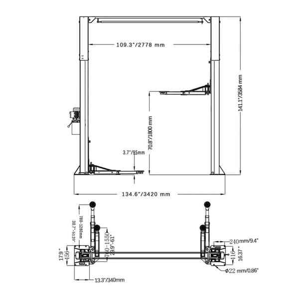 Full Dimension Diagram of Katool KT-AS110D 11,000 lbs Asymmetrical Two Post Lift

