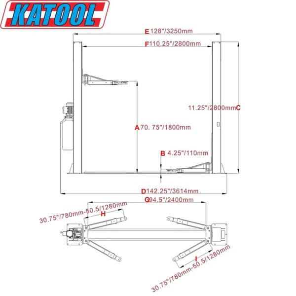 Detailed Measurement Diagram of Katool KT-H105 Two Post Vehicle Lift

