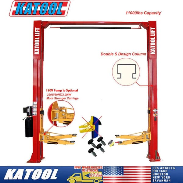 Technical Specifications Overview of Katool KT-M110 Two Post Clear-Floor Vehicle Lift – 11,000lbs Capacity

