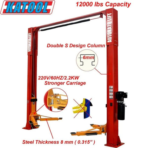 Katool KT-M120 Two Post Lift Specifications – 12,000lbs Capacity, Clear Floor Design, Heavy-Duty Dimensions and Technical Details
