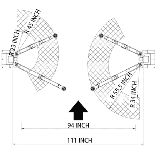 Overhead diagram showing the arm reach and adjustment angles of the Katool AM120SD 12,000 lb 2 post car lift.