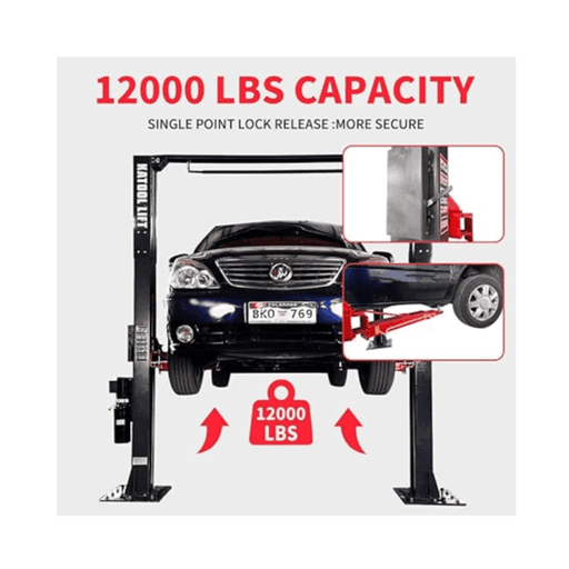 Katool AM120SD 12,000 lb 2 post auto lift with capacity label and safety features for garage use.