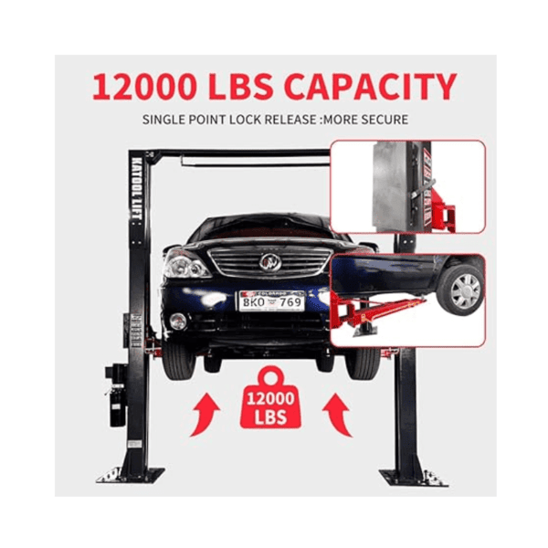 Katool AM120SD 12,000 lb 2 post auto lift with capacity label and safety features for garage use.