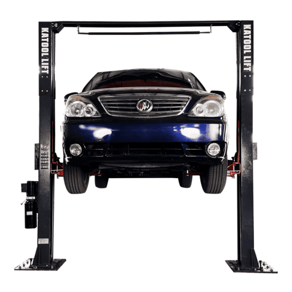 Katool AM120SD 12,000 lb 2 post car lift clear floor design lifting a sedan for auto repair.