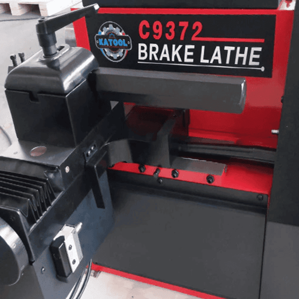Katool C9372 brake lathe working on a mounted brake disc with precision cutting tool engaged.