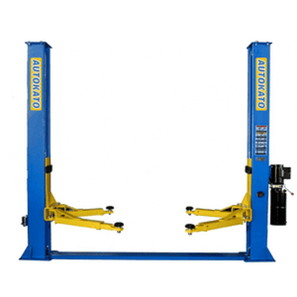Katool H115Z 11,000 lb 2 post auto lift hoist with yellow arms and blue posts for garage or workshop.