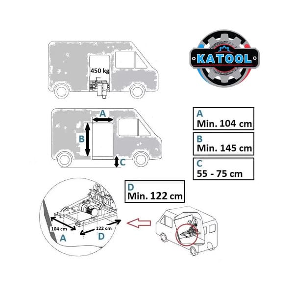 Installation guide and truck fitting dimensions for Katool KT-308 mobile tire changer.