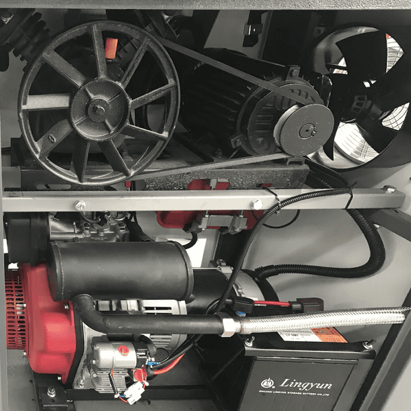 Close-up of the Katool KT-308 tire changer’s motor and drive belt assembly for efficient power transmission.