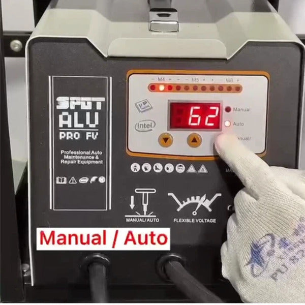 Close-up of Katool KT-99ES aluminum body repair machine control panel with manual and auto options.