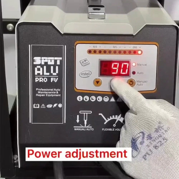 Katool KT-99ES auto body repair machine showing adjustable power control for aluminum welding.