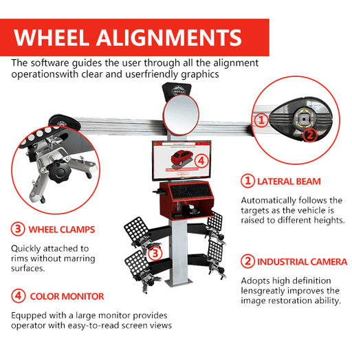 Katool KT-AV533 3D wheel alignment machine with labeled features including lateral beam, industrial camera, wheel clamps, and color monitor.