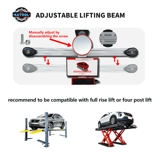 Katool KT-AV533 adjustable lifting beam compatible with full rise lifts and four-post lifts, ideal for alignment setups.