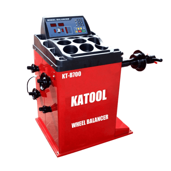 Katool KT-B700 wheel balancer machine in red, designed for accurate tire balancing in auto shops.
