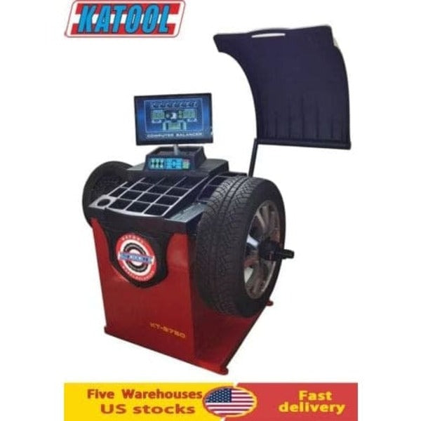 Katool KT-B750 wheel balancer machine with US stock availability and fast delivery banner.