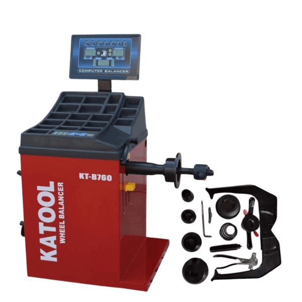 Katool KT-B760 wheel balancer shown with included accessories for accurate and efficient balancing.