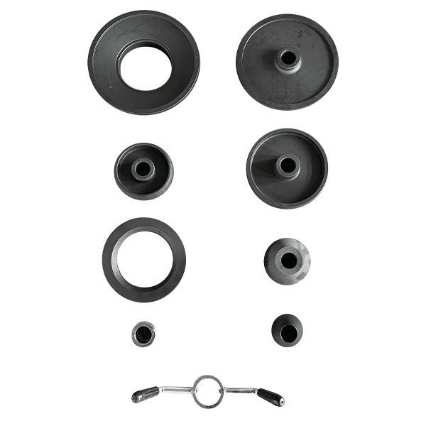 Full set of Katool KT-B795L wheel balancer accessories including cones and tightening handle for multiple wheel types.