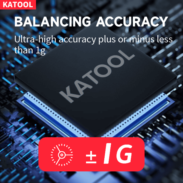 Katool KT-B795L wheel balancer featuring advanced balancing accuracy chip with ultra-high precision of plus or minus less than 1 gram.