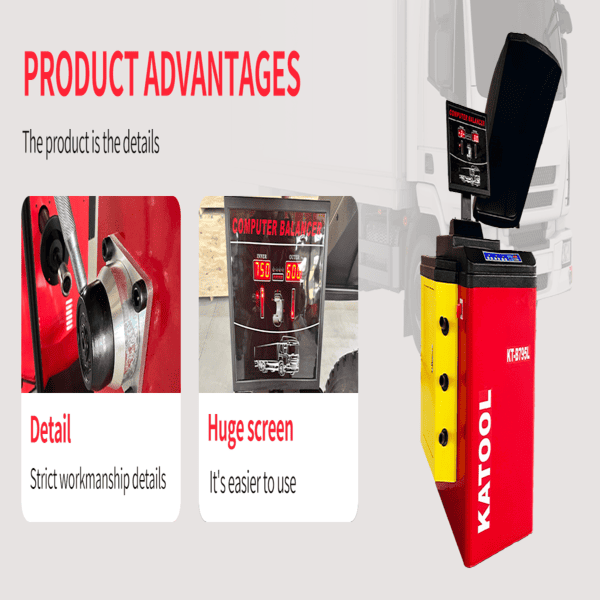 Katool KT-B795L wheel balancer with large display, precision detail, and easy operation.