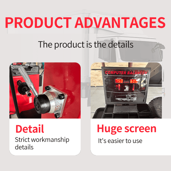 Close-up view of Katool KT-B795L wheel balancer showing strict workmanship details and large digital screen for easy use.