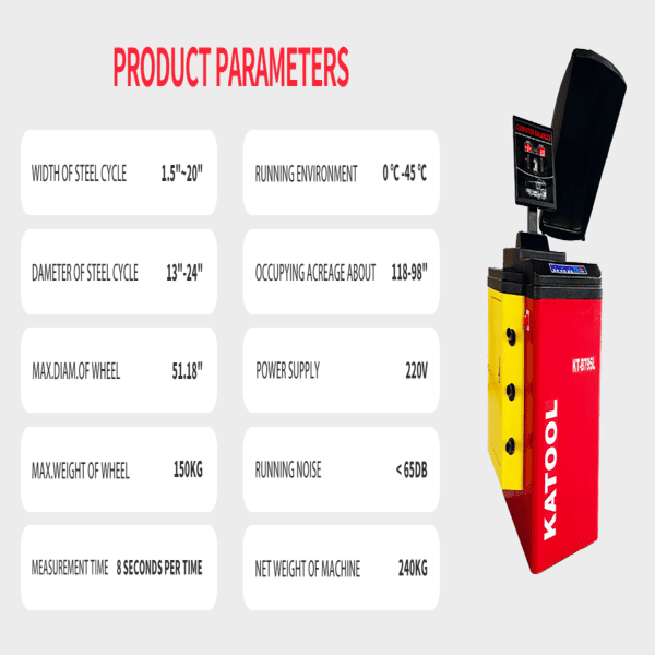 Katool KT-B795L wheel balancer product parameters including wheel size, weight capacity, and noise level.
