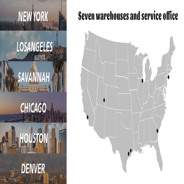 Katool KT-B795L shipping and service coverage with warehouses in New York, Los Angeles, Savannah, Chicago, Houston, and Denver.