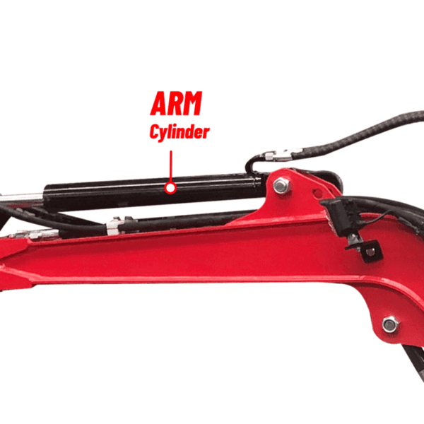 Side view of the Katool KT-EX20 mini excavator’s arm cylinder for smooth and powerful movement during digging.