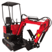 Front angled view of Katool KT-EX20 mini excavator showing hydraulic arms, sturdy bucket, and mechanical thumb attachment.