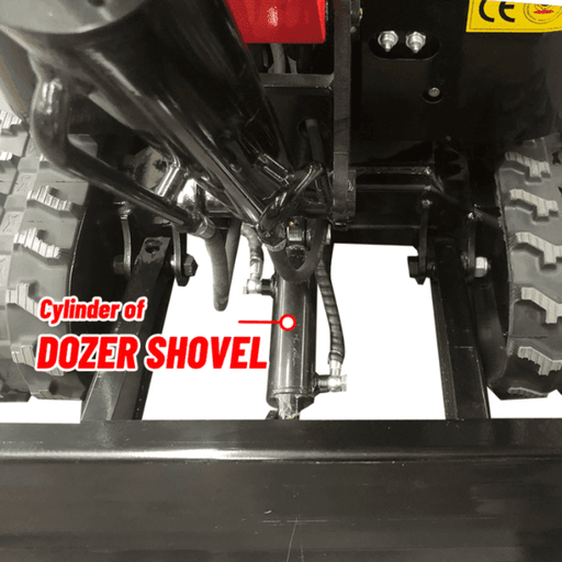 Close-up view of the Katool KT-EX20 mini excavator showing the durable cylinder of the dozer shovel for efficient ground leveling.