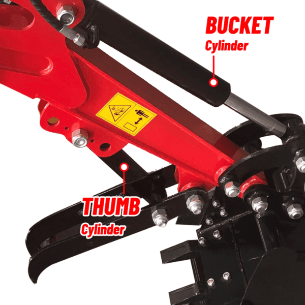 Detailed view of the Katool KT-EX20 mini excavator’s hydraulic thumb and bucket cylinders for versatile digging and gripping tasks.
