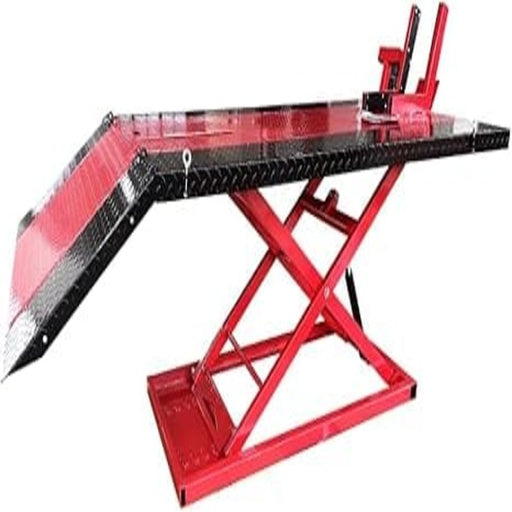 Side profile of Katool KT-MOTO150LT 1500 lb hydraulic motorcycle lift featuring extended diamond plate ramp.