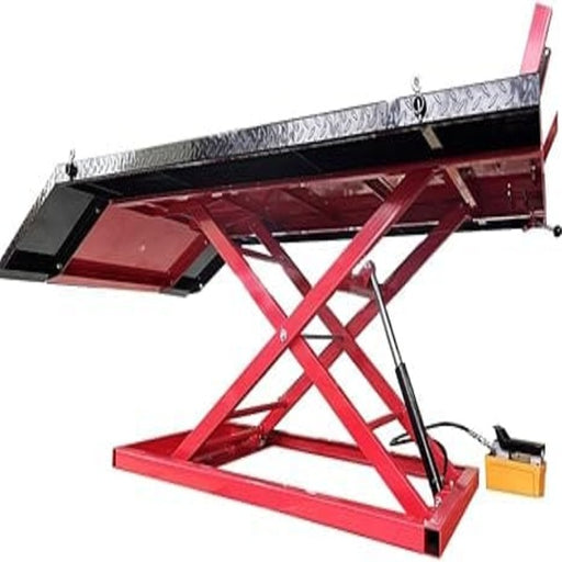 Underside view of Katool KT-MOTO150LT motorcycle lift showing hydraulic pump and scissor lift frame.