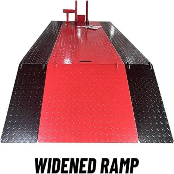 Katool KT-MOTO150LT motorcycle lift with widened ramp for easy loading and stability.