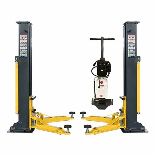 Katool KT-PMRL200 portable car lift fully assembled with yellow arms and hydraulic power unit.
