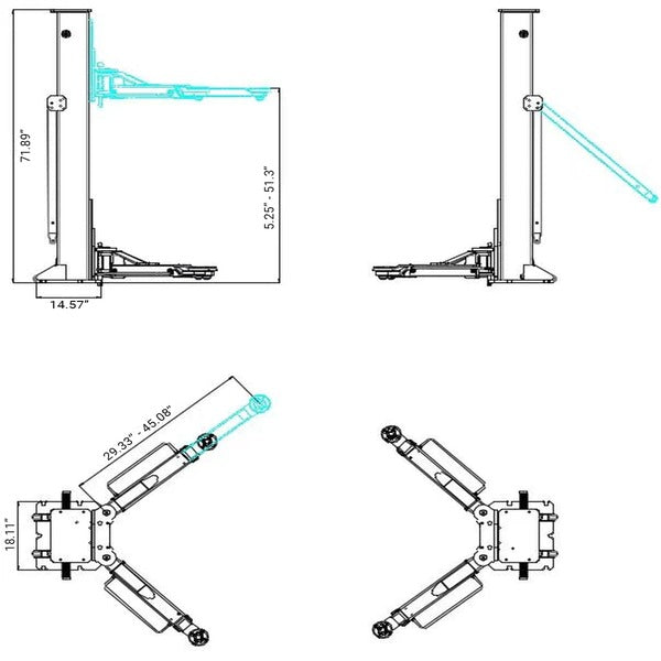 Technical drawing of Katool KT-PMRL200 with lift dimensions, arm reach, and height specifications.