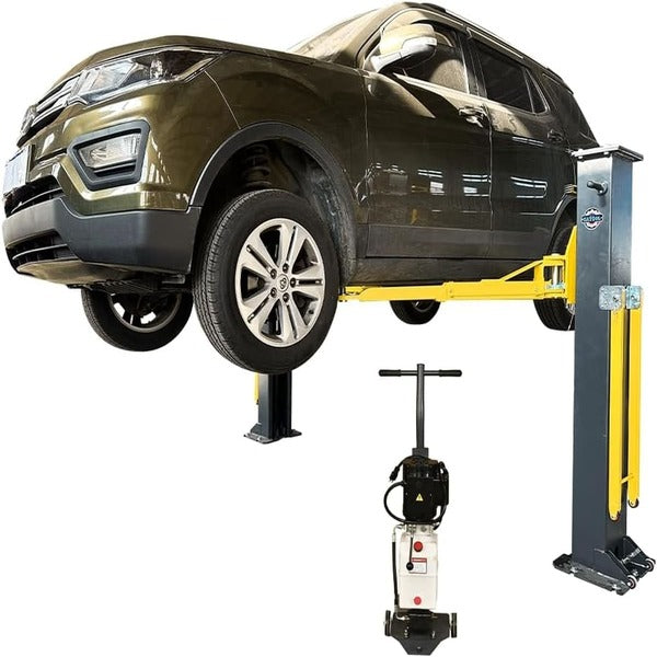 SUV lifted by the Katool KT-PMRL200 portable 2 post car lift, showing strong support and stability.