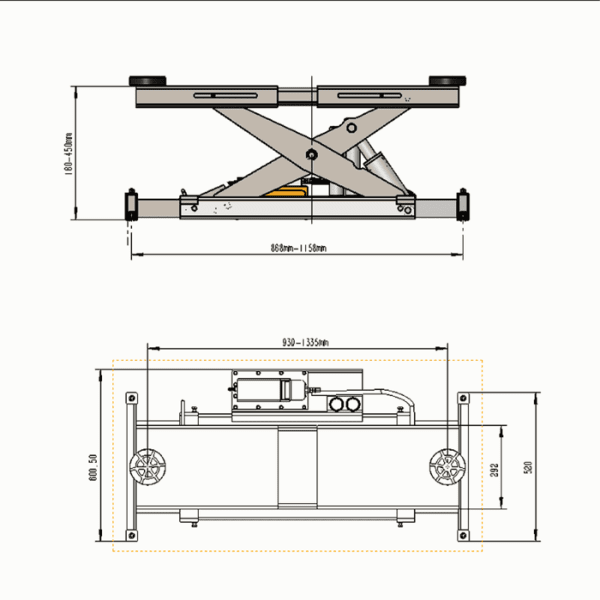 Technical drawing of Katool KT-RJ70 7,000 lb air hydraulic rolling jack with measurements and specifications.