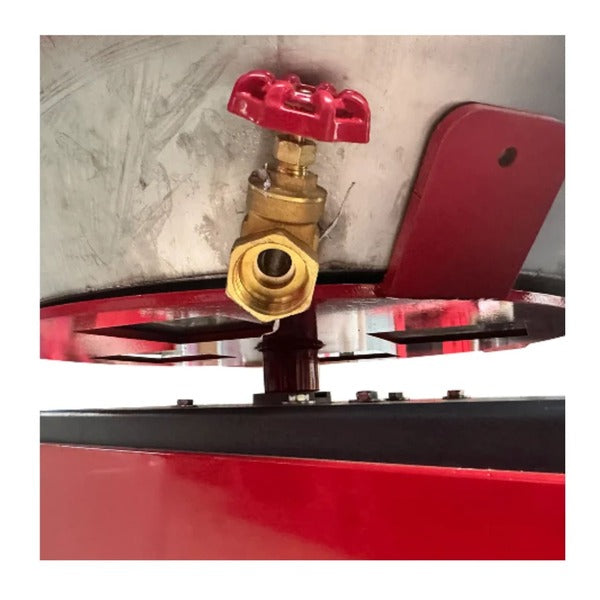 Close-up of brass drain valve located at the bottom of the Katool KT-RPM80 rim polishing machine for easy fluid removal.