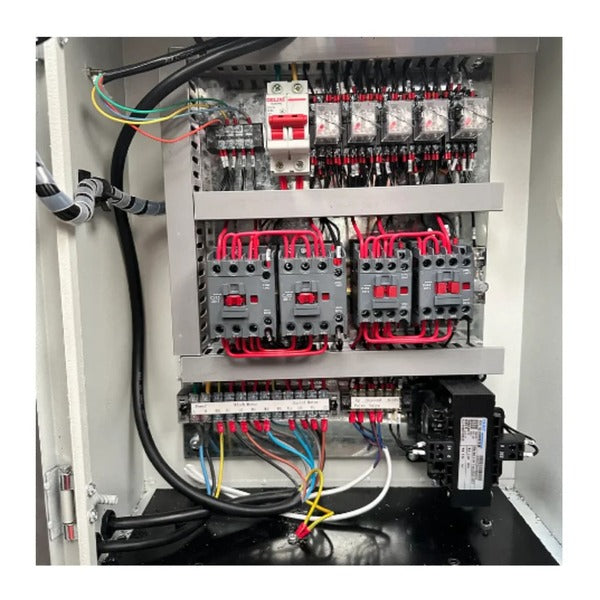 Internal view of Katool KT-RPM80 electrical control panel showing neatly wired relays, switches, and power connections.