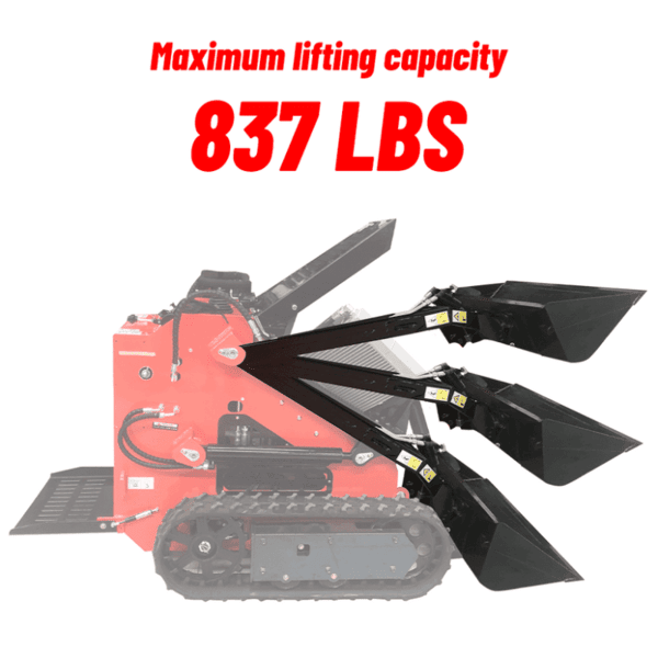 Demonstration of Katool KT-SK26B Mini Skid Steer Loader lifting arm showing 837 lbs maximum lifting capacity.