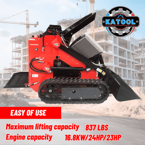 Side profile of Katool KT-SK26B Mini Skid Steer Track Loader showing compact design, 837 lbs lifting capacity, and 23HP engine.