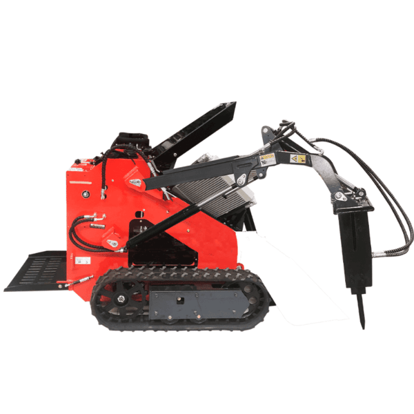 Katool KT-SK26B Mini Skid Steer Track Loader 23HP side view equipped with hydraulic breaker attachment for heavy-duty demolition work.