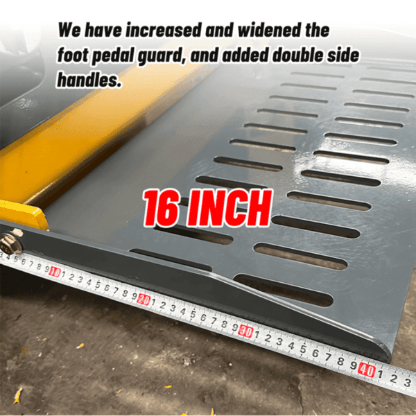 Close-up of Katool KT-SK26W skid steer loader showing widened 16-inch foot pedal guard and double handles.