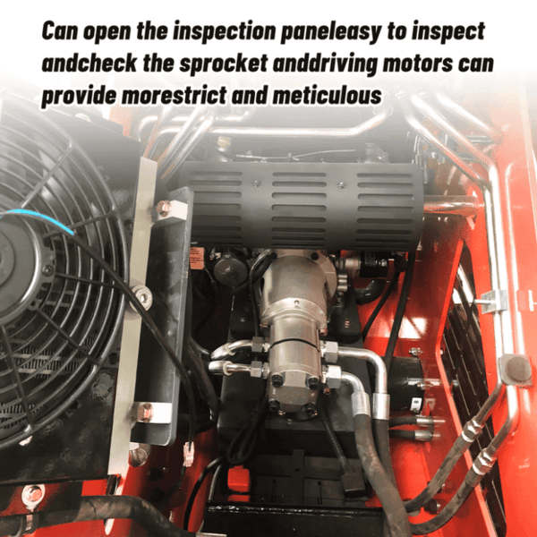 Open inspection panel of Katool KT-SK26W skid steer loader showing sprocket and drive motor components.
