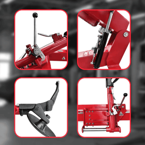 Close-up view of Katool KT-T160 tire changer parts showing hydraulic controls and durable construction.