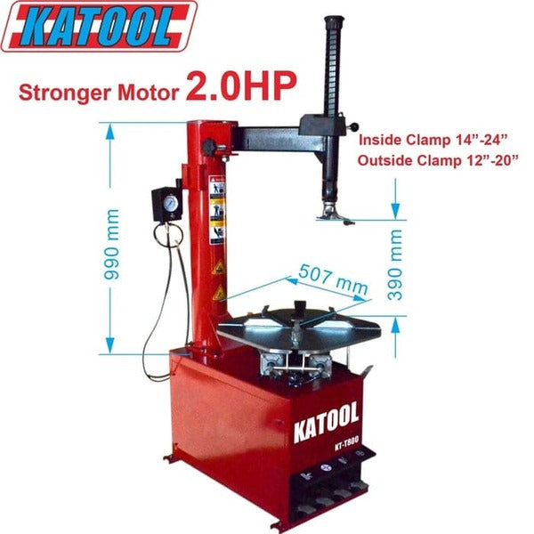 Measurement chart showing size and dimensions of Katool KT-T800 and KT-B750 tire machine combo.