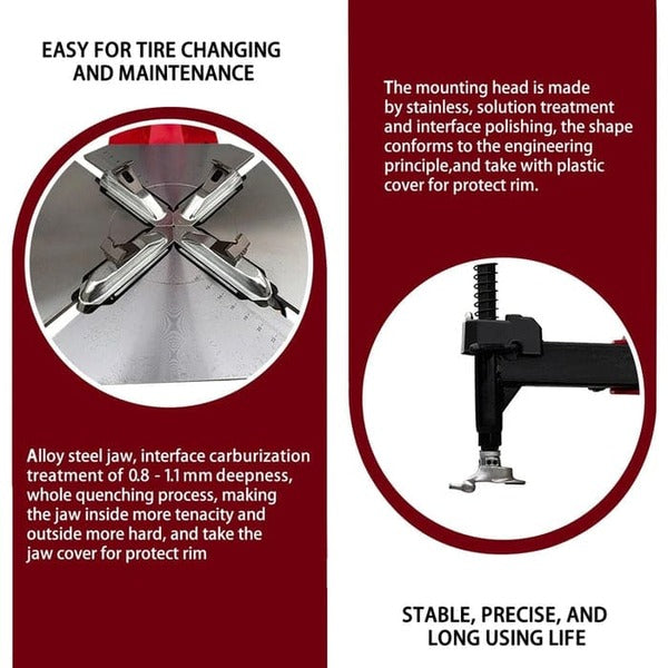 Close-up features of Katool KT-T810 tire changer, including alloy steel jaws, mounting head, and protective rim cover.