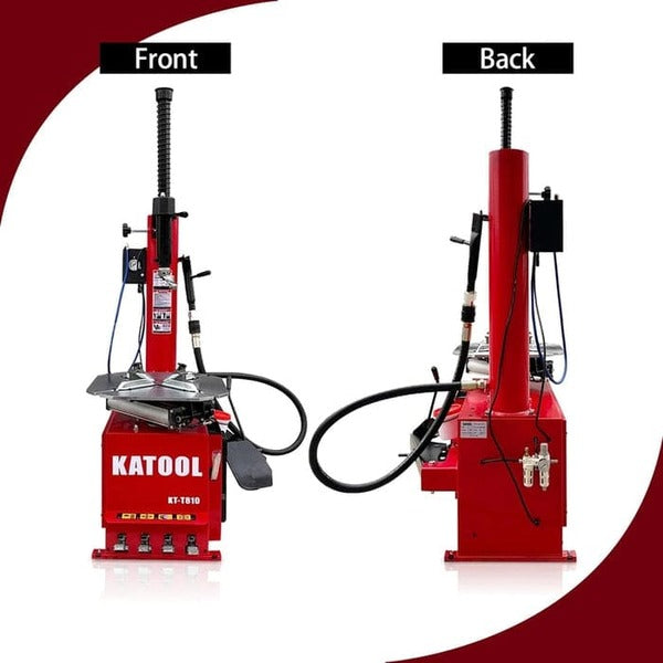 Front and back view of Katool KT-T810 tire changer machine with hoses and control features.