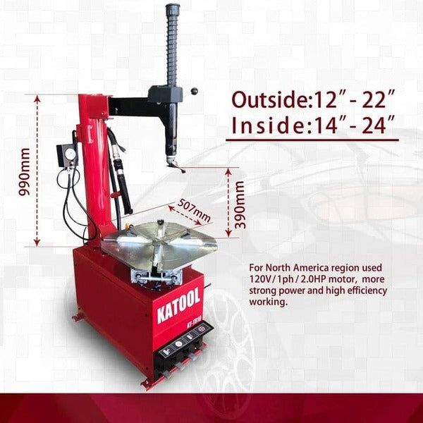 Katool KT-T810 tire changer machine with 2.0HP motor, showing measurements and clamp range from 12"–22" outside and 14"–24" inside.